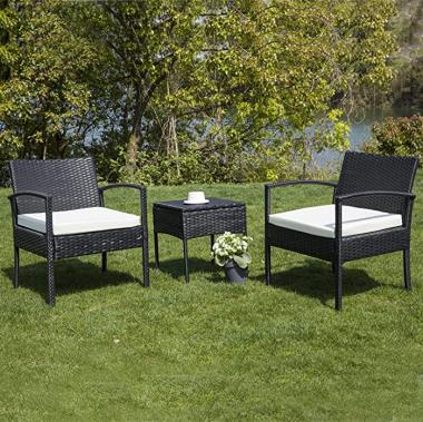 IJIALIFE 3 Pieces Wicker Conversation Bistro Set, Indoor/Outdoor Patio Rattan Furniture Sets for Garden Balcony Backyard Porch Lawn, Black Rattan & White Cushion