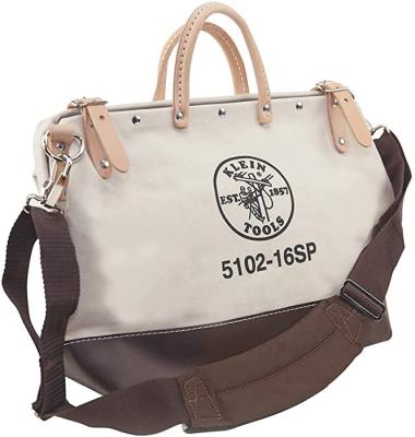 Klein Tools 5102-16SP Deluxe Canvas Tool Bag Made of Natural Canvas with 13 Interior Pockets and Detachable Shoulder Strap, 16-Inch