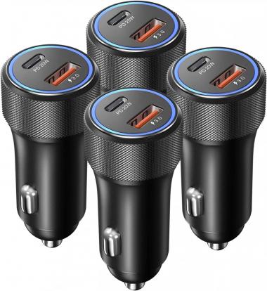 USB C Car Charger, OKRAY 4-Pack 36W Fast Charging Car Charger Adapter, PD3.0&QC3.0 Dual Port USB Cigarette Lighter with LED Compatible iPhone 14/13/12/11/iPad, Samsung Galaxy S22/21 Note 20 10 Tabs