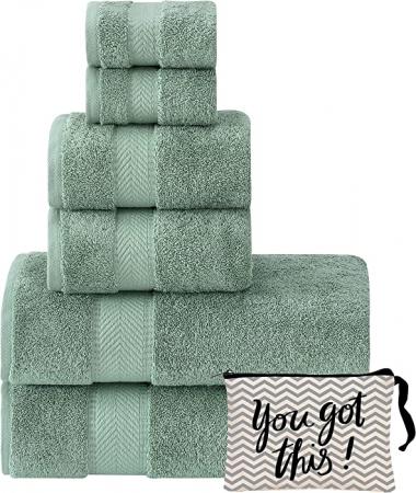 Textilom 100% Turkish Cotton 6 Piece Luxury Towel Set for Bathroom & Kitchen, Thick & Super Soft & Highly Absorbent & Quick Dry ( 2 Bath Towels, 2 Hand Towels, 2 Washcloths )- Green