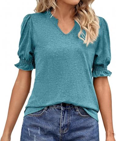 SMIDOW Summer Tops for Women 2023 Vacation Short Puff Sleeve Notch v Neck t-Shirt Casual Loose Solid Business Shirt Blouse