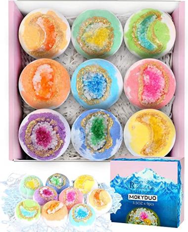 MOKYDUO Bath Bombs for Women/Men, with Mineral Salt Geodes, Organic Bubble Bath Bombs Gift Set, 9 Flowers/Fruits Aroma, Rich in Natural Essential Oil Shea Butter to Moisturize Dry Skin, Home Relax Spa