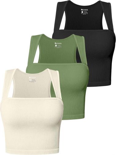 OQQ Women's 3 Piece Tank Tops Strappy Sleeveless Square Neck Stretch Tee Shirts Crop Camis