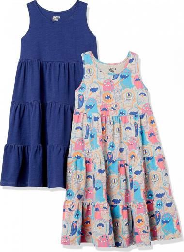 Amazon Essentials Girls and Toddlers' Knit Sleeveless Tiered Dresses (Previously Spotted Zebra), Pack of 2