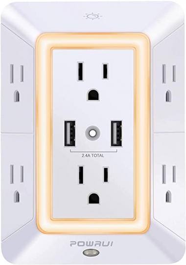 Multi Plug Outlet, Surge Protector, POWRUI 6-Outlet Extender with 2 USB Charging Ports (2.4A Total) and Night Light, 3-Sided Power Strip with Adapter Spaced Outlets - White，ETL Listed