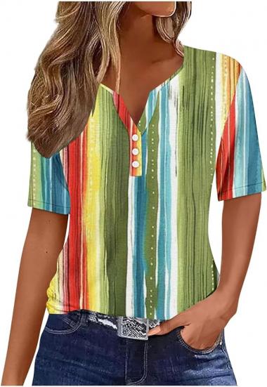 Women Striped Printed Short Sleeved Shirt T-Shirts Summer Casual V-Neck Button Up Tops Tunics Henely Shirts