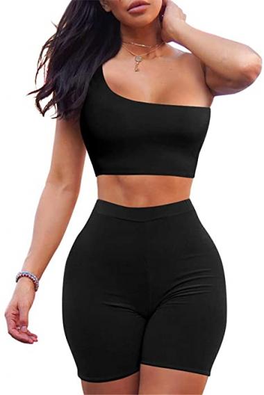 LAGSHIAN Women's Sexy 2 Pieces Outfit One Shoulder Crop Top Short Pants Bodycon Sets