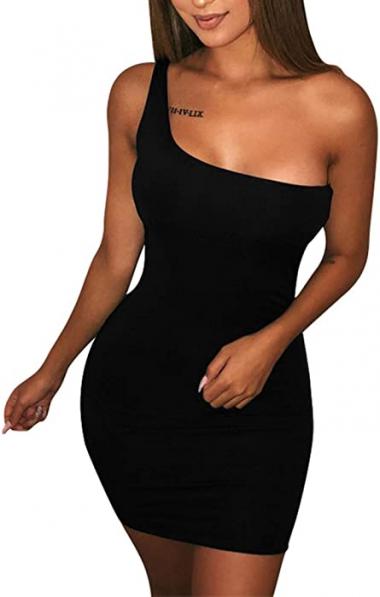 BORIFLORS Women's Casual Basic One Shoulder Tank Top Bodycon Mini Club Dress