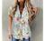 5665 Women Hawaii Button-Down Shirts, 3/4 Sleeves Casual Blouse High Low Side Slit V-Neck Beach Pockets T-Shirt Tunic Tops