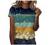 Summer 3/4 Sleeve Shirt Landscape Painting Pattern Top for Womens Three Quarter Sleeve Pullover Round Neck Tee