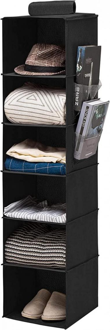 YOUDENOVA Hanging Closet Organizer, 6-Shelf Closet Hanging Shelves | Sturdy Bamboo Structure Cloth Hanging Storage, Sweater Organizer, 11.8” x 11.8” x 47.2”, Black