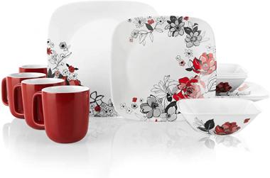 Corelle Boutique Square Chelsea Rose 16-Piece Chip Resistant Dinnerware Set, Service for 4