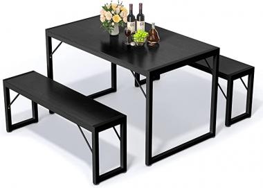 Bealife Dining Table Set for 4, Modern Kitchen Table Set with 2 Benches, 45.5in 3-Piece Soho Dining Room Table Set with Metal Frame and MDF Board, Sturdy Structure, Space-Saving Furniture (Black)