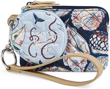 Vera Bradley Beach Pouch Coin Purse Set with RFID Protection, Morning Shells-Recycled Cotton