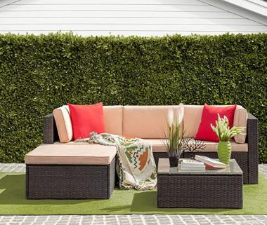 Furniwell 5 Pieces Outdoor Sectional Furniture Set Patio Wicker Rattan Sofa Set Backyard Couch Conversation Sets with Pillow, Cushions and Glass Table (Beige)