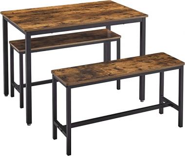 VASAGLE Dining Table with 2 Benches, 3 Pieces Set, Kitchen Table of 43.3 x 27.6 x 29.5 Inches, Bench of 38.2 x 11.8 x 19.7 Inches Each, Industrial Design, Rustic Brown and Black UKDT070B01