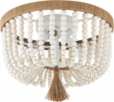 VILUXY Bohemia Wood Beaded Flush Mount Ceiling Light Antique Rustic Mini Chandelier White Finishing for Bedroom, Kitchen Island, Girl Room 3-Light