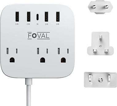 European Travel Plug Adapter, FOVAL EU/UK/US Power Strip with USB C and 4 USB Ports, 3 AC Outlets, Wall Mountable, 5ft Extension Cord, Compact for Travel, Cruise Ship, Home Office