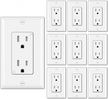 [10 Pack] BESTTEN 15A Tamper-Resistant Decor Receptacle Outlet, Wallplate Included, Residential and Commercial Use, cUL Listed, White