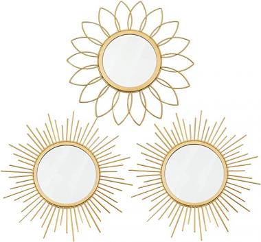 3 Pack Gold Mirrors for Wall Metal Sunburst Wall Mirrors Home Décor Decorative Hanging Wall Art for Living Room Bedroom Entryway