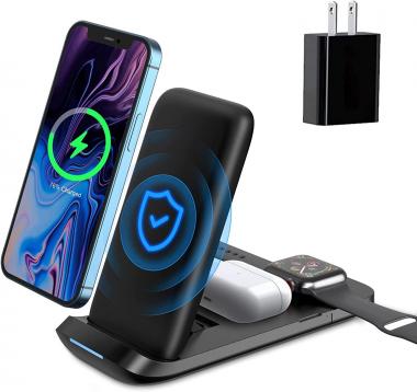 Wireless Charging Station 3 in 1, 18W Fast Wireless Charger for Apple Watch 7/6/SE/5/4/3/2/, Qi-Certified Foldable Design for 13/12/11 Pro Max/X/Xr/Xs/8 & AirPods 3/2/Pro