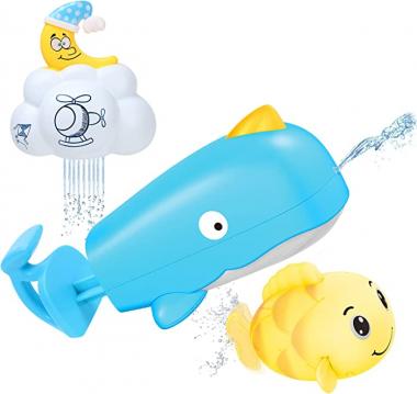 GAMZOO Bath Toys for Toddlers, 3 Pcs Baby Bath Toys - Wind-up Fish Bathtub Set, Spray Water Cloud & Hand-Pull Whale - Water Gun Bath Birthday Gifts for Kids