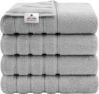 American Soft Linen, 4 Piece Bath Towel Set, 100% Turkish Cotton 27 in 54 in Bath Towels for Bathroom, Soft Absorbent Bath Towels Extra Large, Hotel Quality Quick Dry Shower Towels , Rockridge Gray