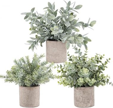 Der Rose 3 Pack Mini Potted Fake Plants Artificial Plastic Eucalyptus Plants for Home Office Desk Farmhouse Room Decor