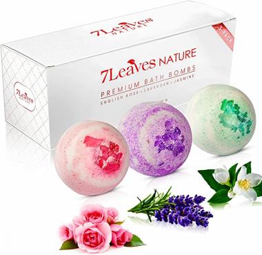 7Leaves Nature Premium Bath Bombs for Women. 3-Pack Fizzy Bath Bomb Gift Set with English Rose, Lavender and Jasmine Essential Oils, Gift for Women Mother Christmas Birthday, 6oz Each