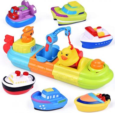 FUN LITTLE TOYS Baby Bath Toys, 7 PCs Toy Boats Include One Big Wind Up Bath Boat and 6 Bath Squirters Toy Boats, Birthday Gifts for Boys & Girls