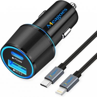 Fast USB C Car Charger, Meagoes 20W PD Rapid Charging Adapter Compatible for Apple iPhone 14 Pro Max/14 Pro/14 Plus/14/13/12/Mini/11/XS/XR/X/8 Plus/SE 3-3.3ft MFi Certified Type C to Lightning Cable