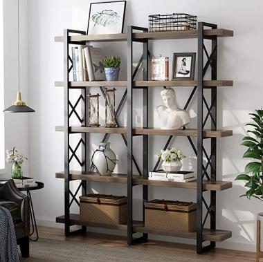 LITTLE TREE 5-Tier Double Wide Open Bookcase, Solid Wood Industrial Large Metal Bookcases Furniture, Vintage 5 Shelf Bookshelf Etagere Book Shelves for Home Office Decor Display (Wood)