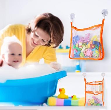 SUNDOKI Bath Toy Organizer, Bath Toy Holder Storage Bags with 4 Suction Cup Hooks and 2 Bath Toy Nets for Kids, Toddlers and Adults (Orange)