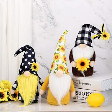 3 Pieces Sunflower Gnome Decor Birthday Garden Spring Summer Buffalo Plaid Sunflower Elf Home Decor Farmhouse Kitchen Decor Tiered Tray Rustic Swedish Gnome Ornaments Household Ornaments (Sunflower)