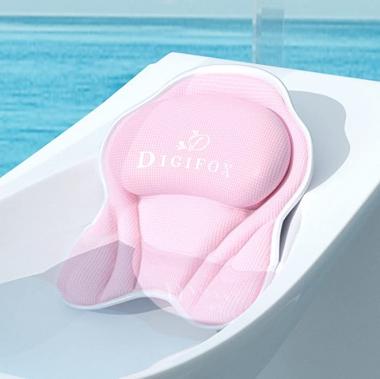 DIGIFOX Pink Bath Pillow Ergonomic Tencel Bath Pillow for Tub Relaxing Head, Neck/Back, Luxury 4D Air Mesh Breathable Bath Accessories Spa Cushion for Tub