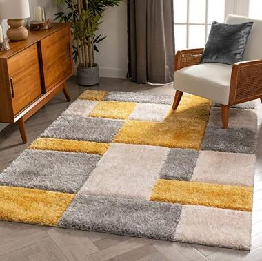 Well Woven Ella Yellow Geometric Boxes Thick Soft Plush 3D Textured Shag Area Rug (7'10" x 9'10")