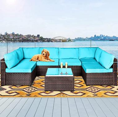 LAFWELL 7 Pieces Outdoor Patio Furniture Sets,Rattan Conversation Sectional Set,Manual Weaving Wicker Patio Sofa with Tea Table