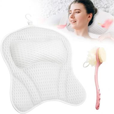 Foldrabbit Bath Tub Pillow Headrest, Bath Pillows for tub with Dual-Sided Long Handle Bath Shower Brush, SPA Bath tub Pillow with 3D Air Mesh and 6 Powerful Suction Cups Bath Accessories ( White)