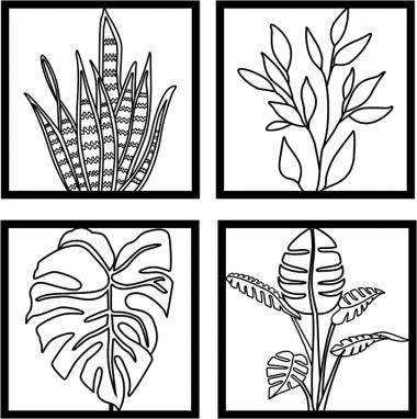 10x10 Inch 4 Pack Black Metal Wall Decor Art, Tropical Leaf Decor, Square Wall Sculptures for Living Room Bathroom Bedroom Dining Room, Black Wall Art for Kitchen