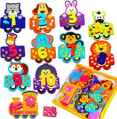 Foam Bath Toys - 100% Non-Toxic Bathtub Numbers - Best Baby Toy for Kids Girls Boys - Set of 27 pcs - Wet & Stick - Preschool Educational Floating Bathtub Animals - Free Bath Toy Organizer