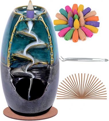 SPACEKEEPER Ceramic Backflow Incense Holder Incense Burner Waterfall, with 120 Backflow Incense Cones + 30 Incense Stick, Aromatherapy Ornament Home Decor, Blue Set