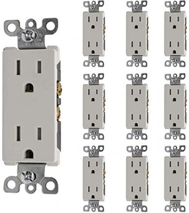 Duralec 10 Pack 15A Decorator Wall Receptacle, Tamper Resistant Outlet, Residential Grade, 3-Wire, Self-Grounding, 2-Pole, 15A 125V UL/DLC Premium Listed (201201-White)