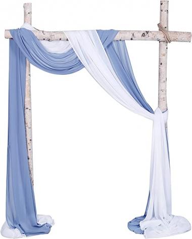 SHERWAY 2 Panels Chiffon Fabric Drapery Wedding Arch Drapes, Party Backdrop Curtain Panels, Ceremony Reception Swag Decoration (27 x 216 Inch, White & Dusty Blue)