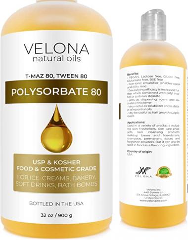 Polysorbate 80 by Velona - 32 oz | Solubilizer, Food & Cosmetic Grade | All Natural for Cooking, Skin Care and Bath Bombs, Sprays, Foam Maker | Use Today - Enjoy Results