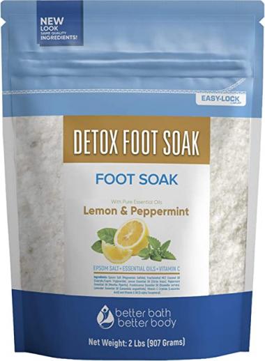 Detox Foot Soak 32 Ounces Epsom Salt with Natural Lemon, Peppermint, Lavender and Frankincense Essential Oils Plus Vitamin C in BPA Free Pouch with Easy Press-Lock Seal