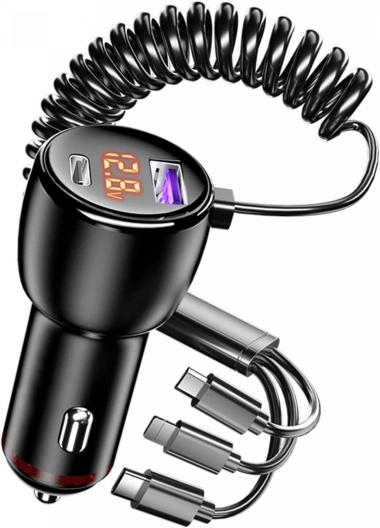 Phmnkl Super Fast Car Charger Type C, 66W+65W+20W PD3.0 5 Port Built-in 6FT Cable USB C Car Charger Fast Charging for iPhone 14/13/12/Google/Pixel/Motorola/LG Android Phones