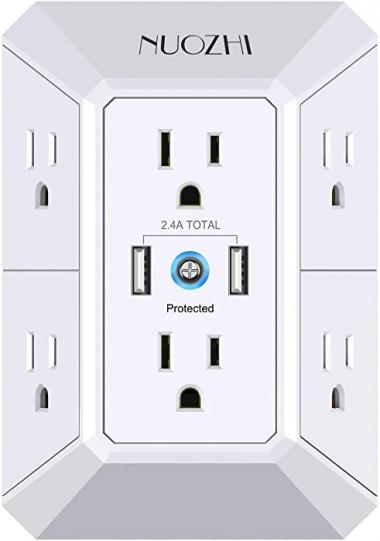 USB Wall Charger, Surge Protector, 6 Outlet Extender with 2 USB Ports,3-Sided 2100J Power Strip Multi Plug Outlets Wall Adapter Spaced for Home Travel Office (2 USB)