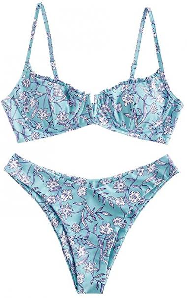 ZAFUL Women's Floral V-Wired Underwire High Leg Two Piece Bikini Set Swimsuit