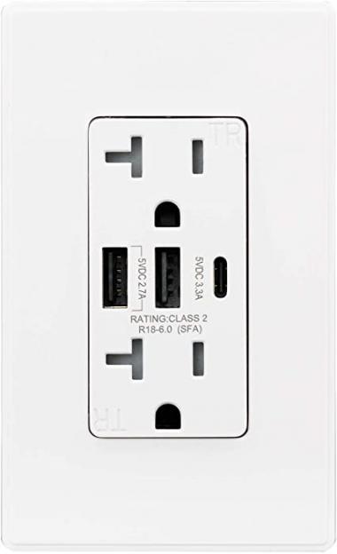 ELEGRP 30W 6.0 Amp 3-Port USB Wall Outlet, 20 Amp Receptacle with USB Type C & Type A Ports, USB Charger for iPhone/iPad/Samsung/LG/HTC/Android Devices, UL Listed, w/ Wall Plate, 1 Pack, Matte White