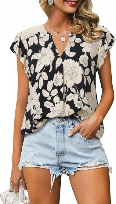 Gaharu Women's Notch V Neck Short Sleeve Chiffon Shirts Casual Lace Blouse Top